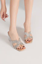 GOLD LOW BLOCK HEEL DIAMANTE CUT OUT DETAIL MULES SPARKLY PARTY SANDALS