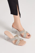 NUDE LOW BLOCK HEEL DIAMANTE CUT OUT DETAIL MULES SPARKLY PARTY SANDALS