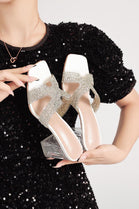 WHITE LOW BLOCK HEEL DIAMANTE CUT OUT DETAIL MULES SPARKLY PARTY SANDALS