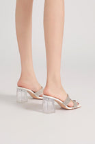 WHITE LOW BLOCK HEEL DIAMANTE CUT OUT DETAIL MULES SPARKLY PARTY SANDALS