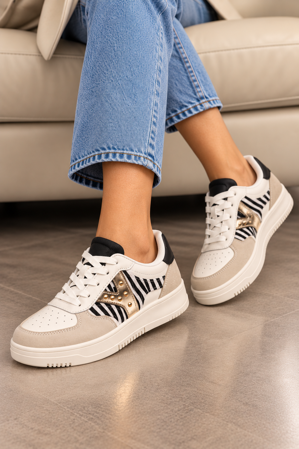 Metallic Detail Lace Up Trainers In Zebra | Wholesale