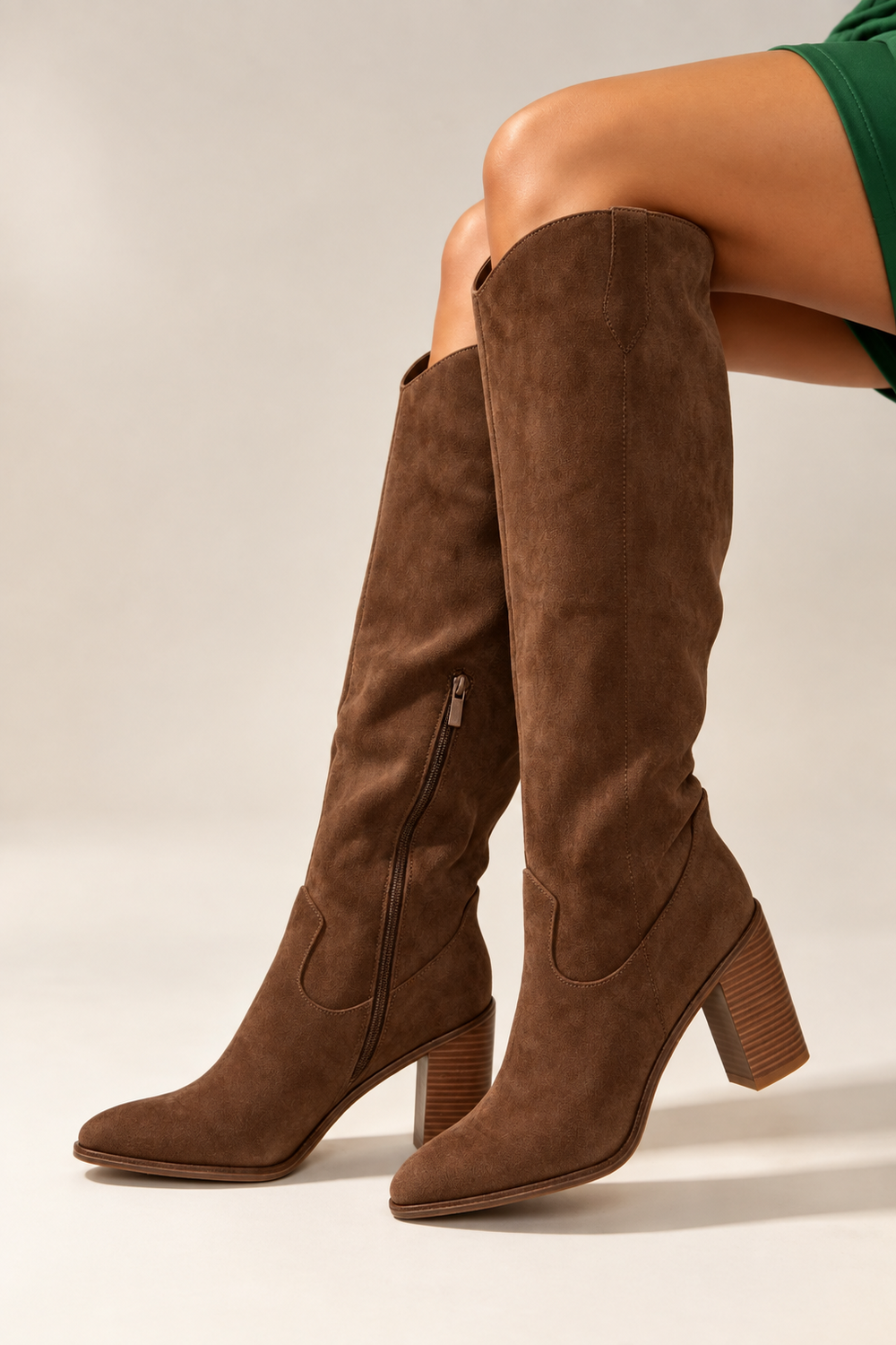 Knee High Brown Faux Suede Block Heel Cowboy Boots