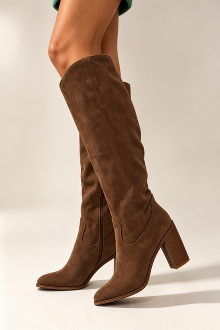 Knee High Brown Faux Suede Block Heel Cowboy Boots