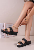 BLACK SUMMER CHUNKY DOUBLE STRAP BUCKLED SANDALS