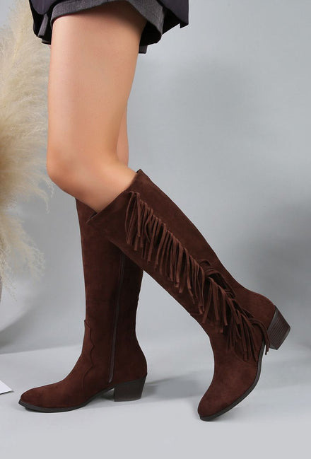 FRINGED FAUX SUEDE COWBOY KNEE HIGH BOOTS IN BROWN