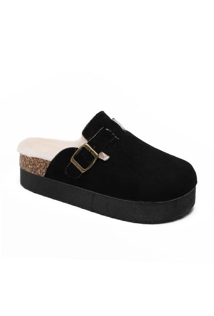 BLACK CHUNKY FLUFFY INSOLE FLATFORM FAUX SUEDE SLIPPERS WITH BUCKLE