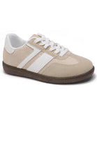 BEIGE WHITE STRIPED FLAT LACE UP STYLISH SNEAKERS TRAINERS