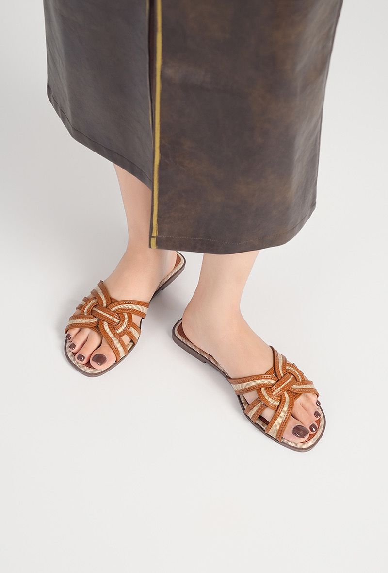 MULTI STRAP CROSS OVER FLAT SLIDERS IN BEIGE