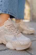 Wholesale Women’s Embellished Rhinestone Chunky Trainers – Beige