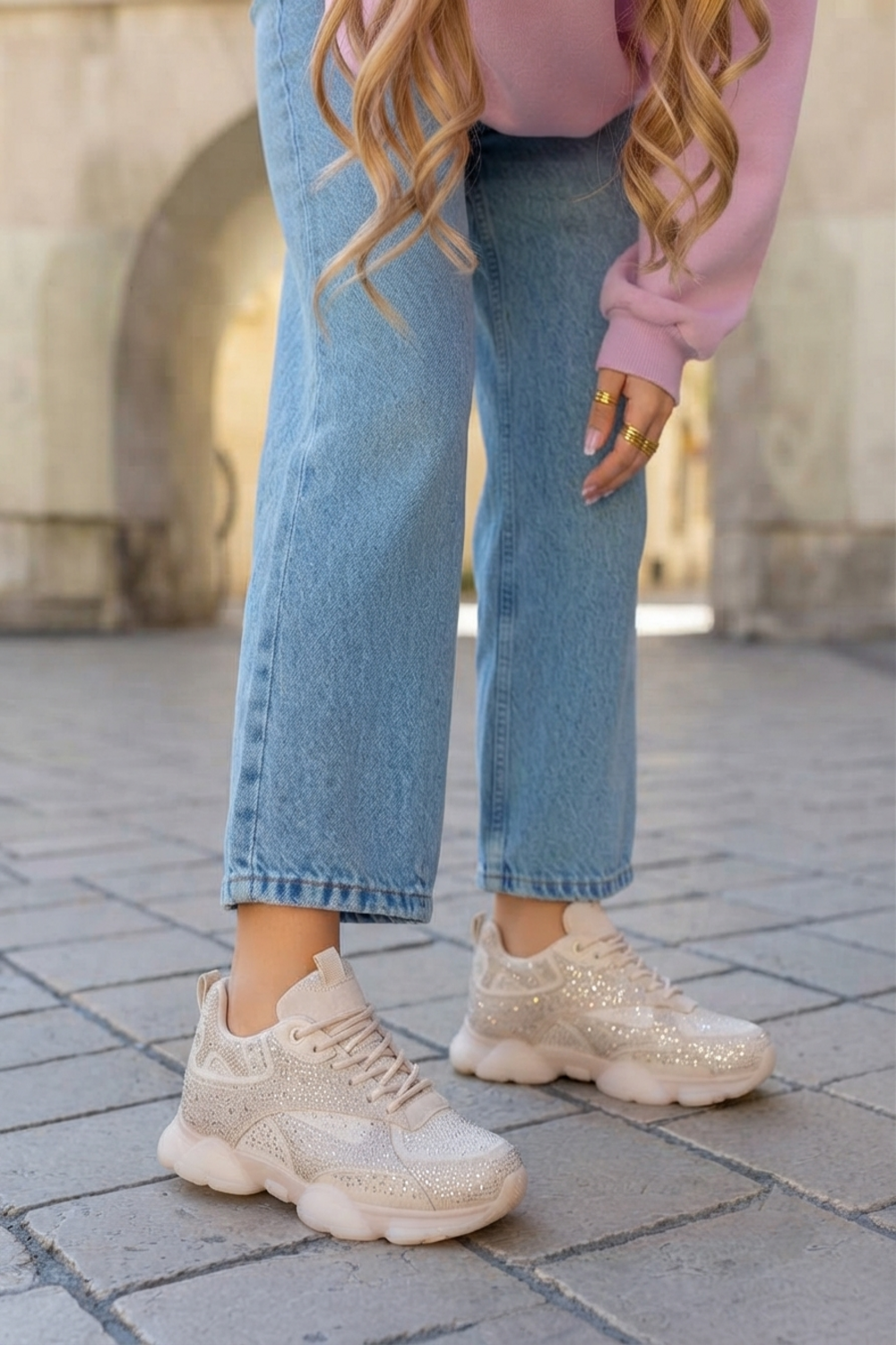 Wholesale Women’s Embellished Rhinestone Chunky Trainers – Beige