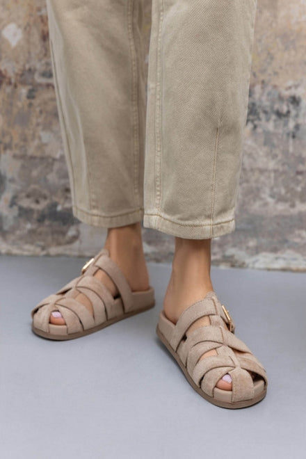Women's Faux Suede Khaki Caged Mules | Slip-On Summer Sandals & Clogs