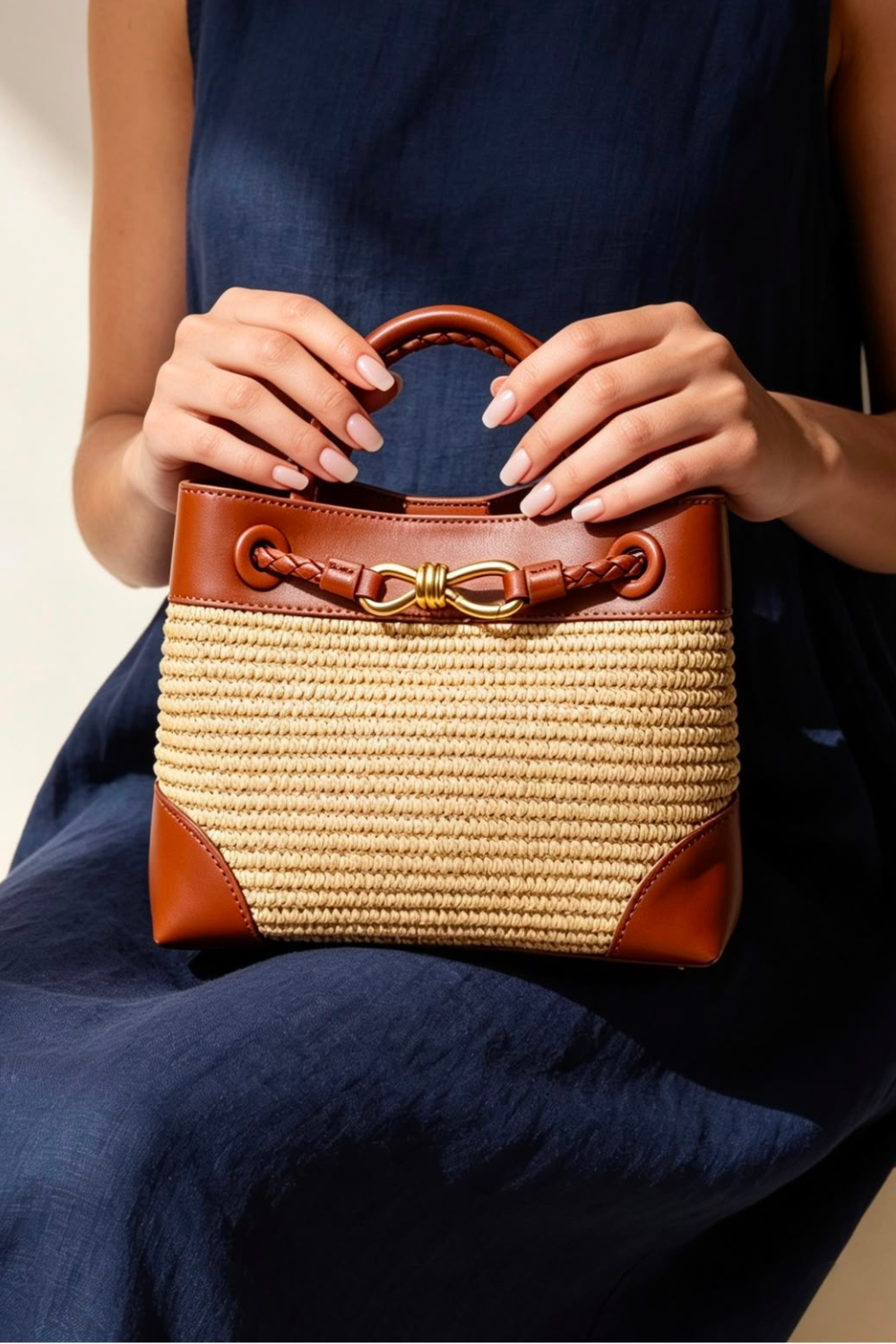 Premium Woven Top Handle Bag with Gold Knot Detail In Tan Raffia