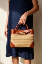 Premium Woven Top Handle Bag with Gold Knot Detail In Tan Raffia