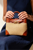 Premium Woven Top Handle Bag with Gold Knot Detail In Tan Raffia