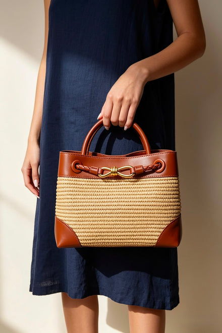 Premium Woven Top Handle Bag with Gold Knot Detail In Tan Raffia