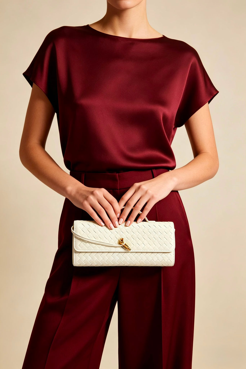 Cream Faux Woven Clutch – Wholesale Top-Handle Handbag
