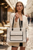 Modern Canvas & Faux Leather Trimmed Tote Bag in Black