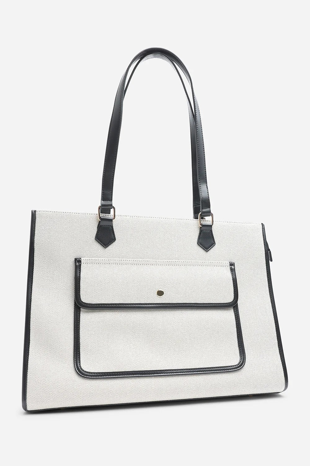Modern Canvas & Faux Leather Trimmed Tote Bag in Black