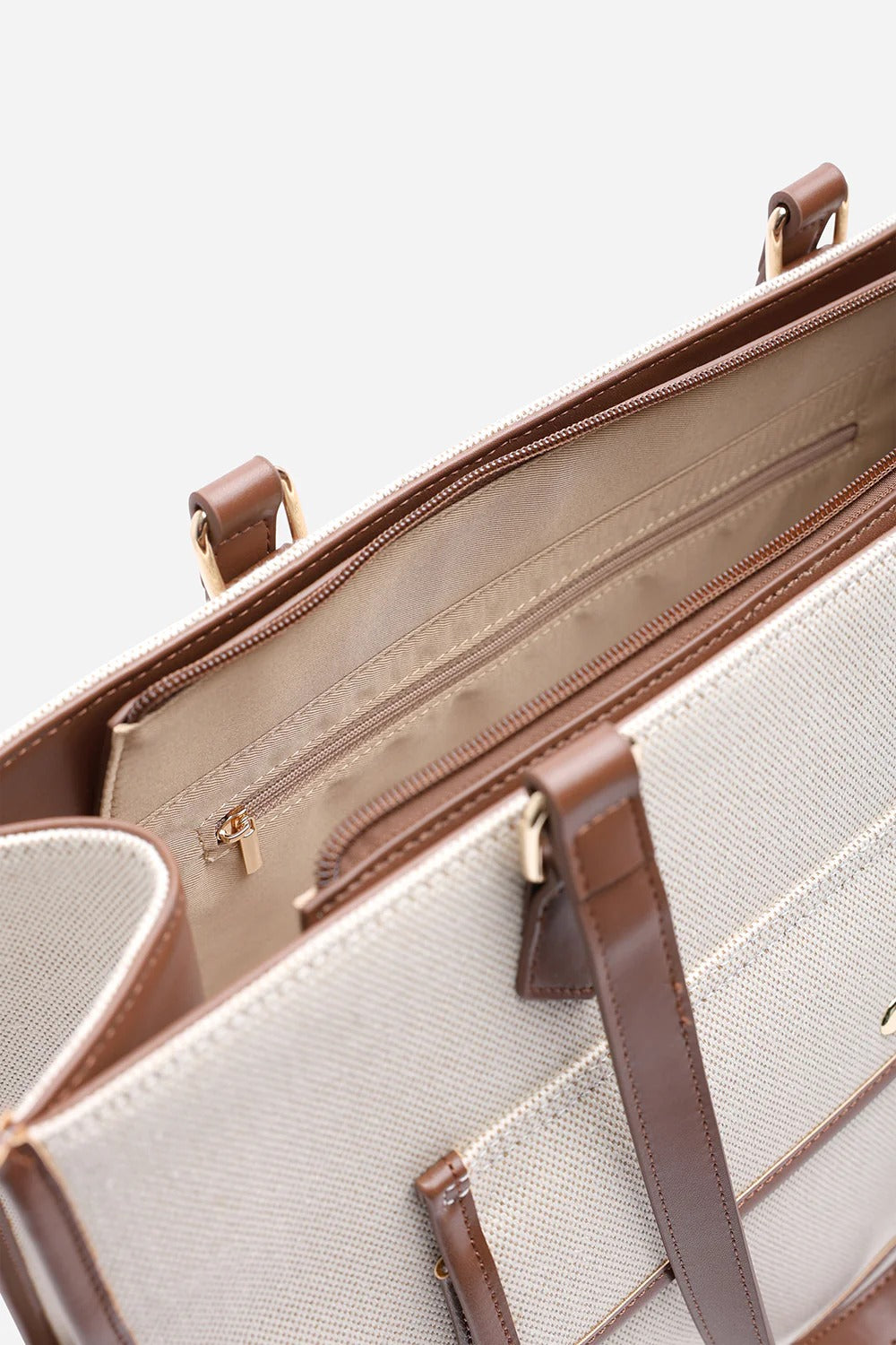 Modern Canvas & Faux Leather Trimmed Tote Bag in Brown