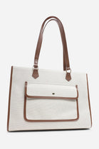 Modern Canvas & Faux Leather Trimmed Tote Bag in Brown