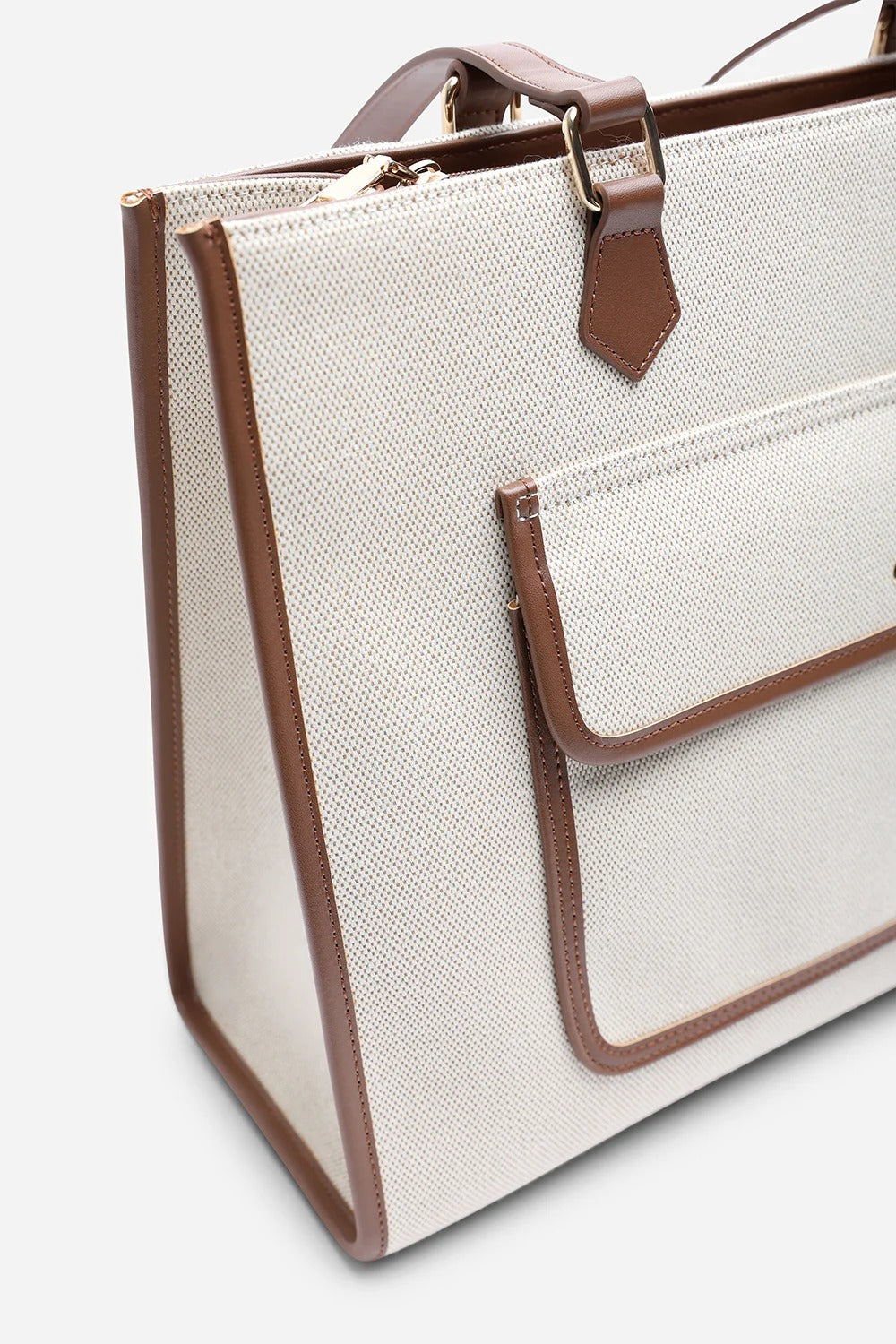 Modern Canvas & Faux Leather Trimmed Tote Bag in Brown