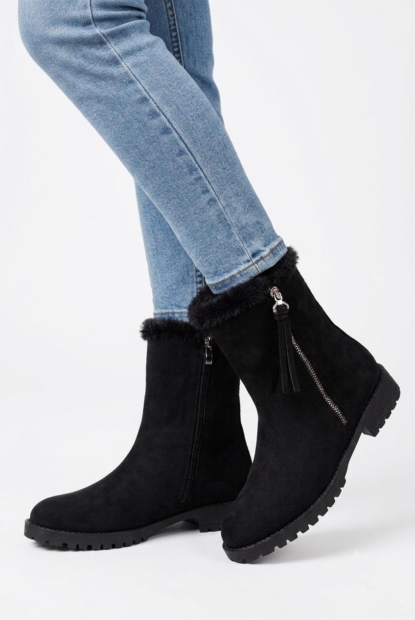 Women’s Black Suede Faux-Fur Collar Ankle Boots with Side Zipper | Wholesale