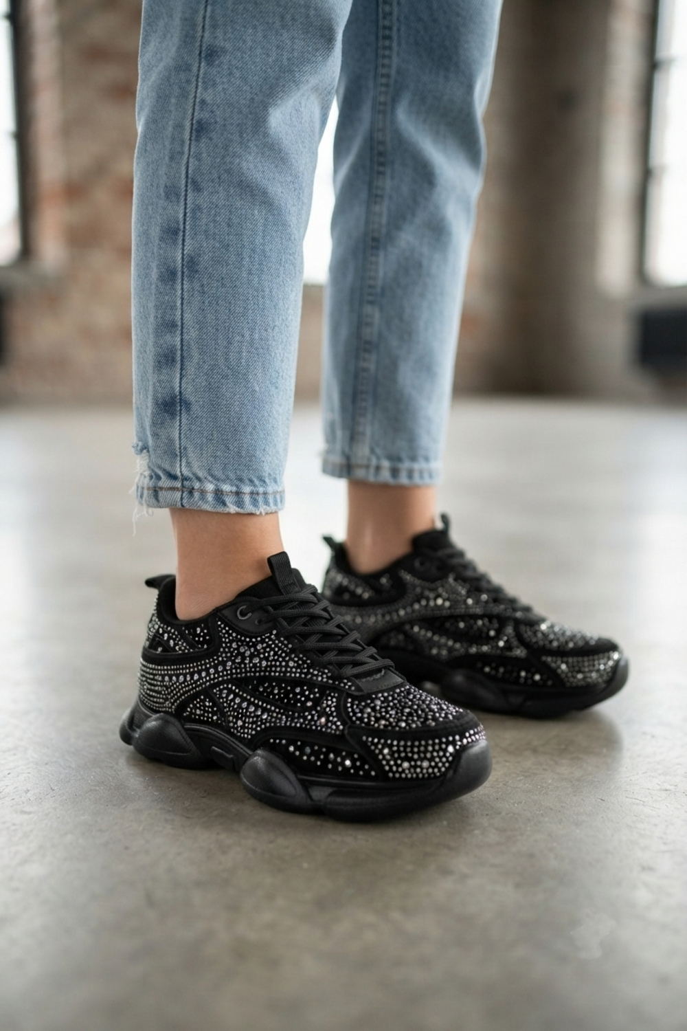 Wholesale Women’s Embellished Rhinestone Chunky Trainers – Black