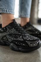 Wholesale Women’s Embellished Rhinestone Chunky Trainers – Black