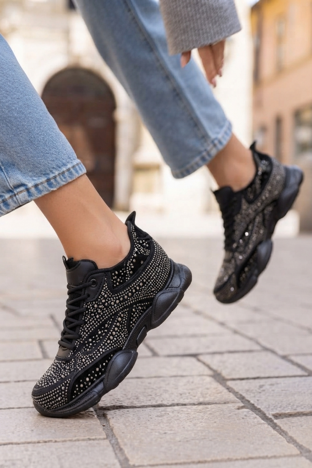 Wholesale Women’s Embellished Rhinestone Chunky Trainers – Black