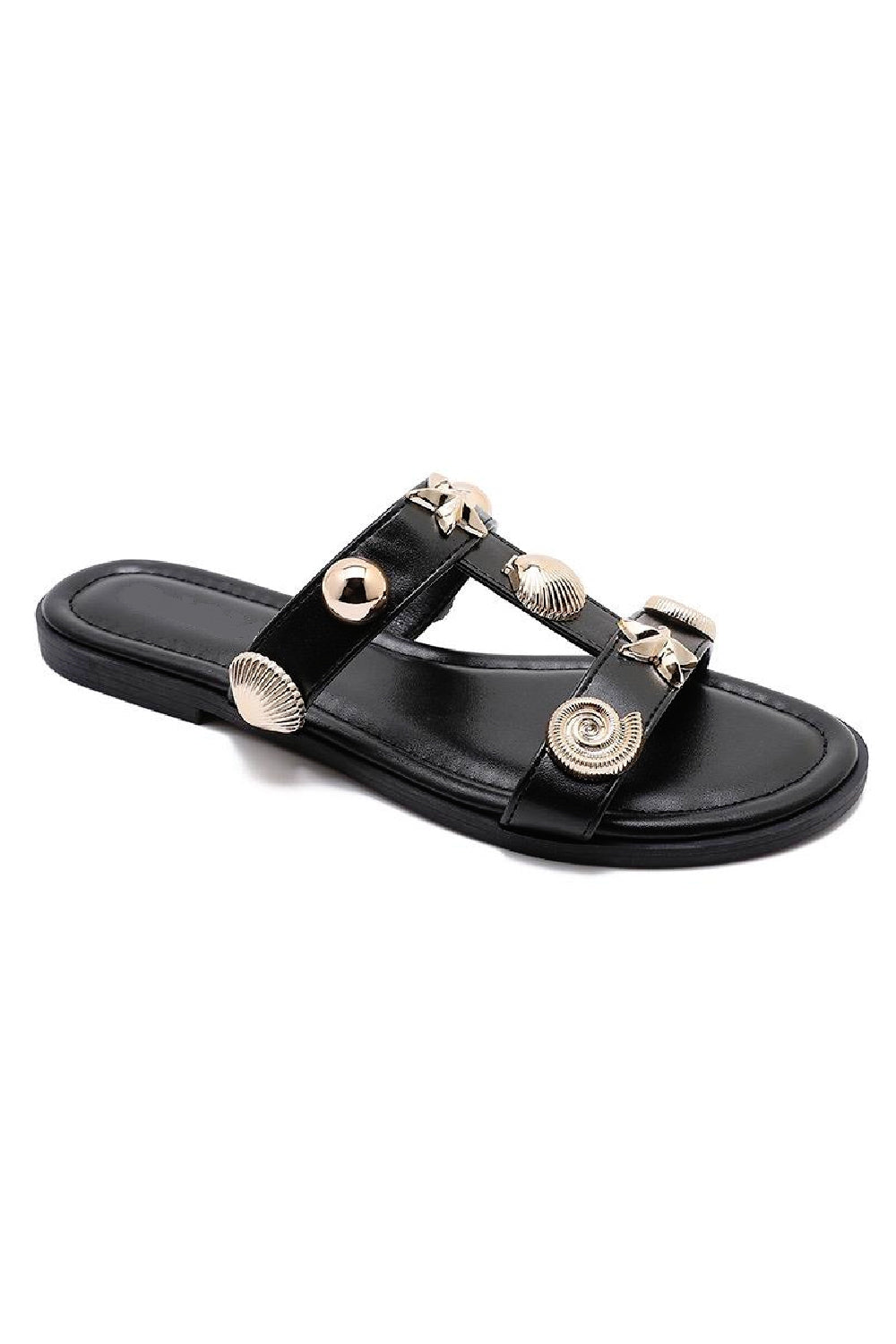 Black Pu Double Strap Flat Sandals with Gold Shell Studs