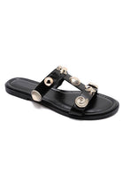 Black Pu Double Strap Flat Sandals with Gold Shell Studs