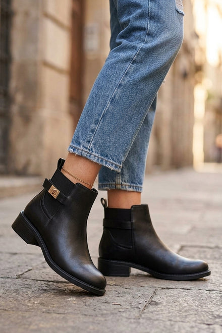 Women’s Black Leather-Look Ankle Boots with Buckle Detail & Block Heel
