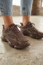 Wholesale Women’s Embellished Rhinestone Chunky Trainers – Brown