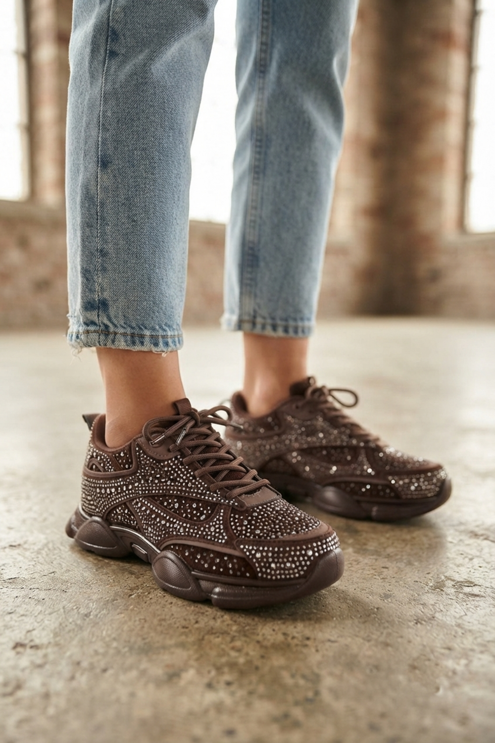 Wholesale Women’s Embellished Rhinestone Chunky Trainers – Brown