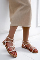 Women’s Beige Pu Studded Flat Sandals with Adjustable Straps | Wholesale