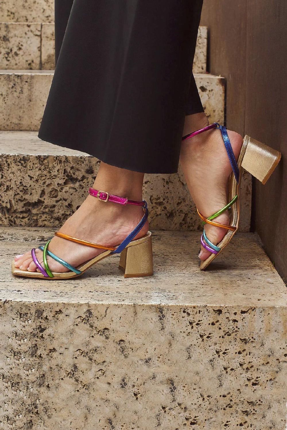 MULTI COLOUR MID BLOCK HEELED STRAPPY PARTY SANDALS