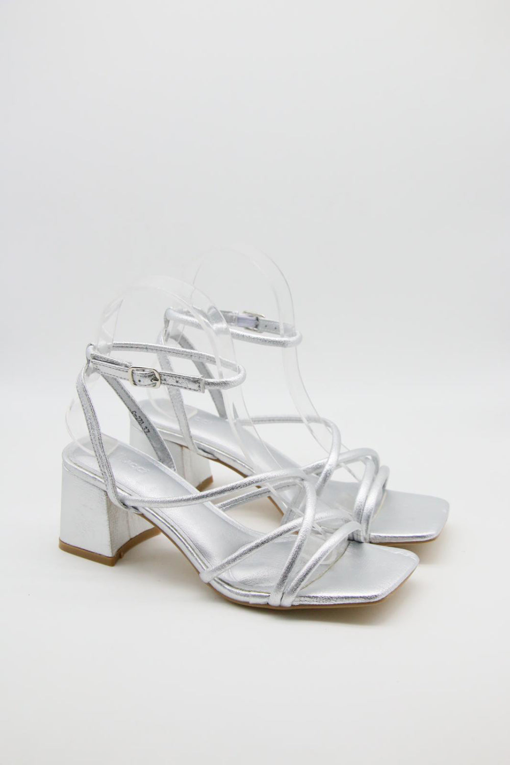 SILVER MID BLOCK HEELED STRAPPY PARTY SANDALS