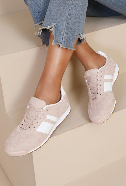 ROUND TOE SIDE LINE STRIPPED DETAILED GUM SOLE TRAINERS IN BEIGE