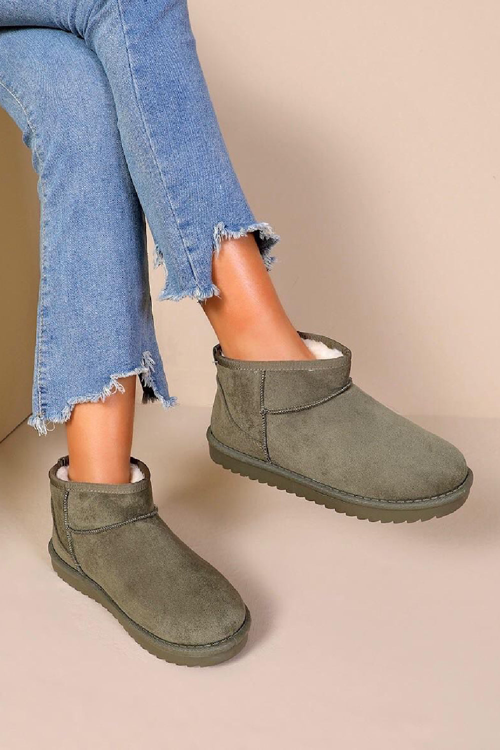 GREEN FAUX SUEDE ULTRA MINI COZY SNOW ANKLE BOOTS