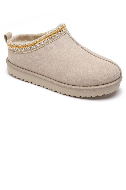 BEIGE FAUX SUEDE EMBROIDERED COZY FLUFFY SLIPPERS BOOTS