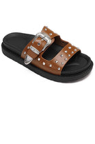 CAMEL WESTERN BUCKLE STUDDED SLIDERS FLAT SANDALS