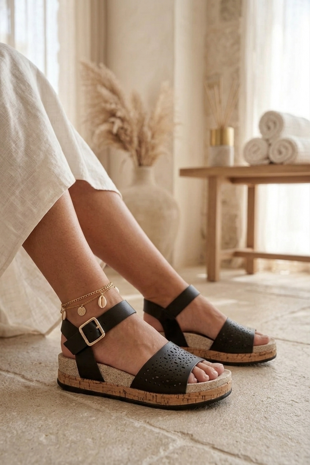 Black Pu Laser Cut Ankle Strap Cork Wedge Flatforms Summer Sandals