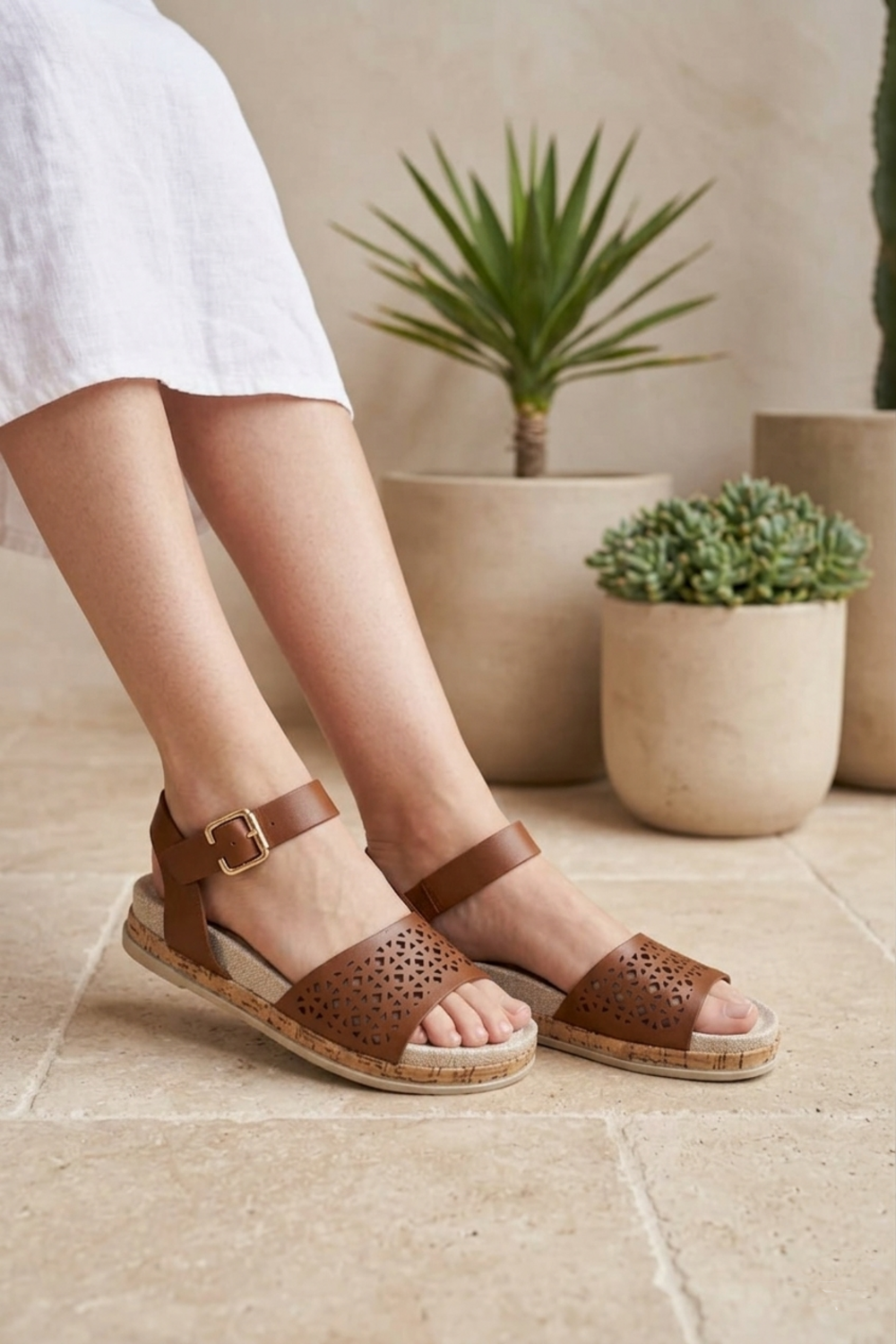 Tan Pu Laser Cut Ankle Strap Cork Wedge Flatforms Summer Sandals - 12 Pairs