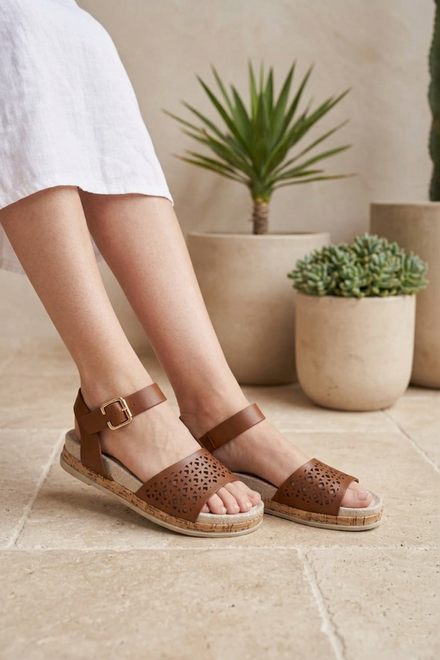 Tan Pu Laser Cut Ankle Strap Cork Wedge Flatforms Summer Sandals