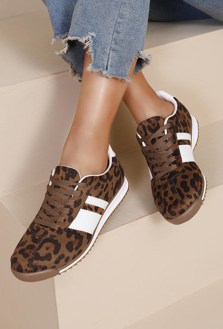 ROUND TOE SIDE LINE STRIPPED DETAILED GUM SOLE TRAINERS IN LEOPARD