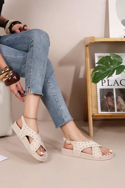 Women’s Beige Studded Cross Strap Flat Sandals Open Toe Comfort Slides