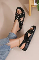 Women’s Black Studded Cross Strap Flat Sandals Open Toe Comfort Slides