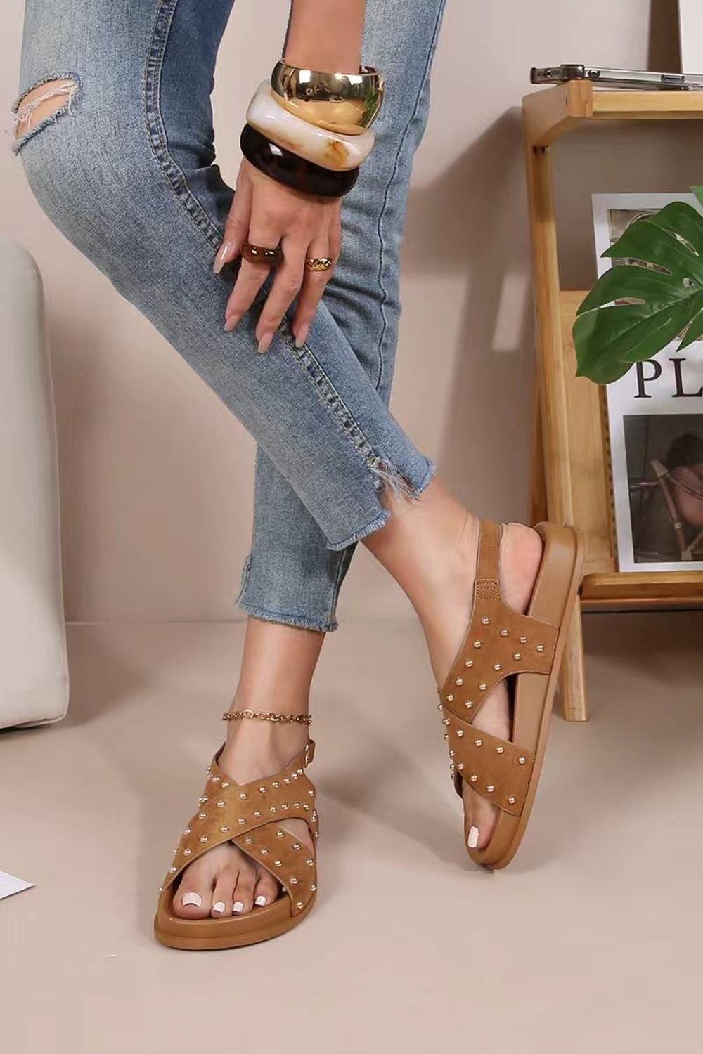 Women’s Camel Studded Cross Strap Flat Sandals Open Toe Comfort Slides