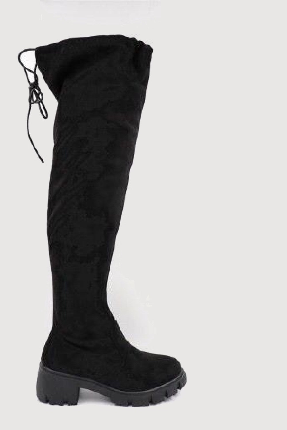 Black Stretch Faux Suede Over The Knee Low Block Heel Flat Long Boots