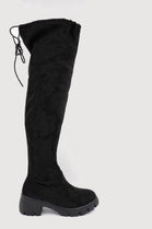 Black Stretch Faux Suede Over The Knee Low Block Heel Flat Long Boots
